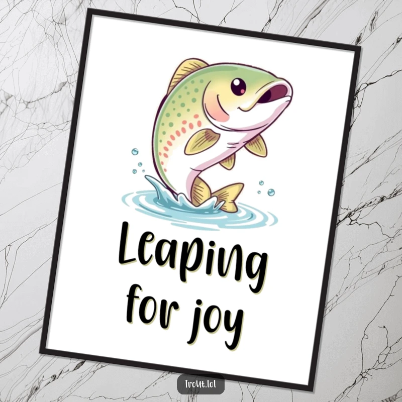 Funny Trout Leap Poster featuring a cute trout with a bubbly smile leaping out of the water, creating a joyful and humorous wall decoration.