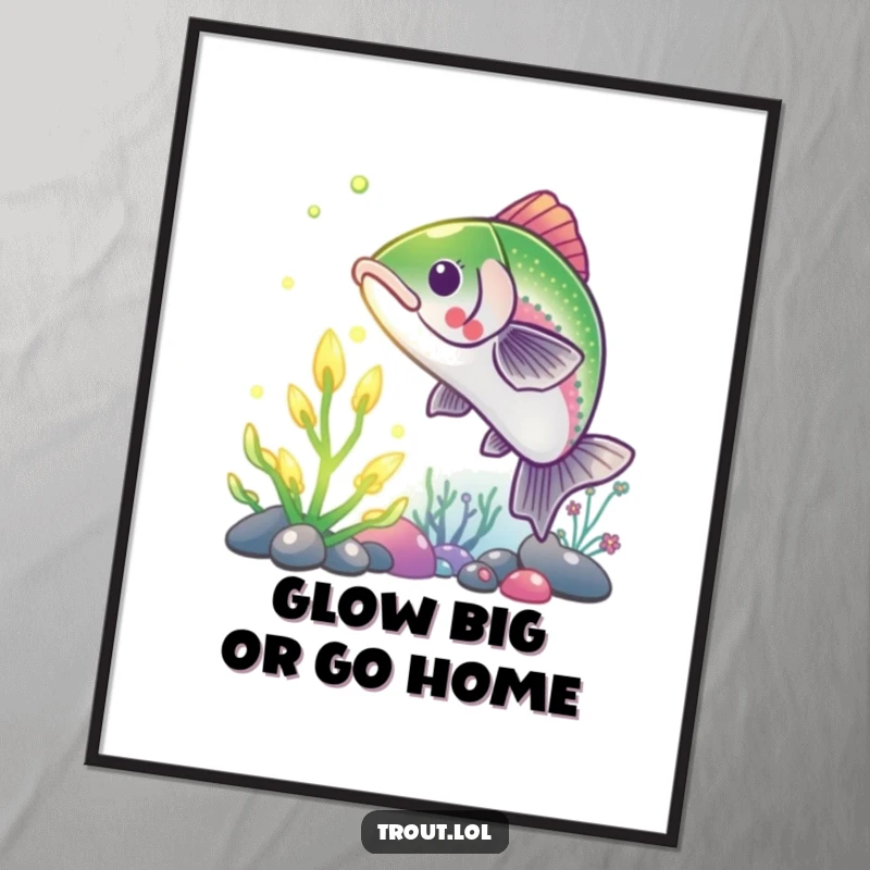 Funny Trout Poster: Large wall art depicting a trout stretching towards a luminous underwater plant, a funny and artistic scene.