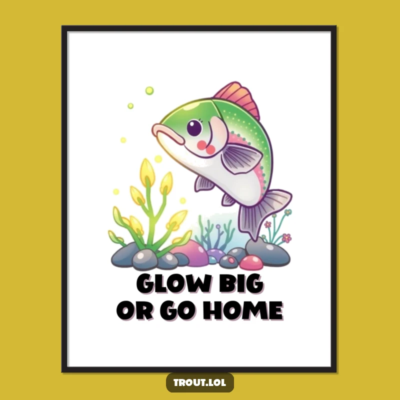 Funny Trout Reaching for Glowing Plant Poster: Aquatic Art Print Gift