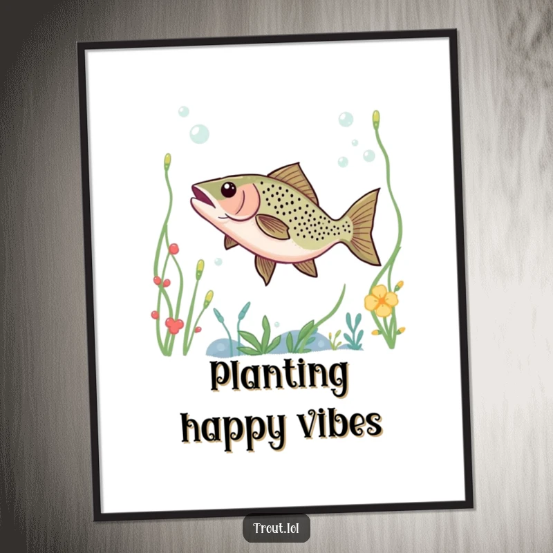 Funny poster of a trout dancing through underwater plants, capturing a humorous and joyful aquatic moment for wall art.