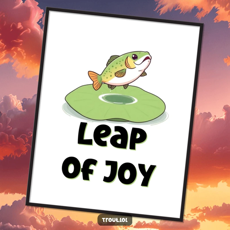 Funny poster showcasing a lively trout mid-bounce on a spacious lily pad, perfect for adding a dose of aquatic fun.