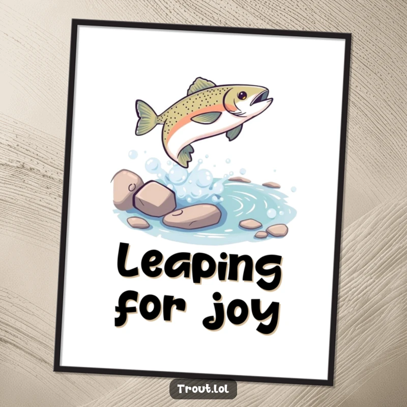 Funny Poster: A playful trout leaping high from a bubbly stream, capturing a humorous moment of action for wall decor, great funny gift.