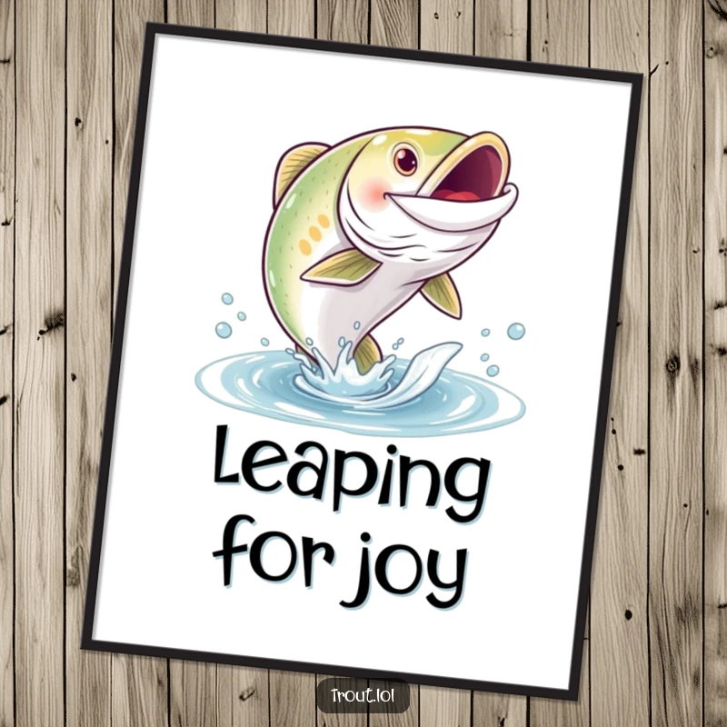 Funny poster depicting a cute trout with a wide grin leaping energetically out of the water, perfect for fishing enthusiasts.