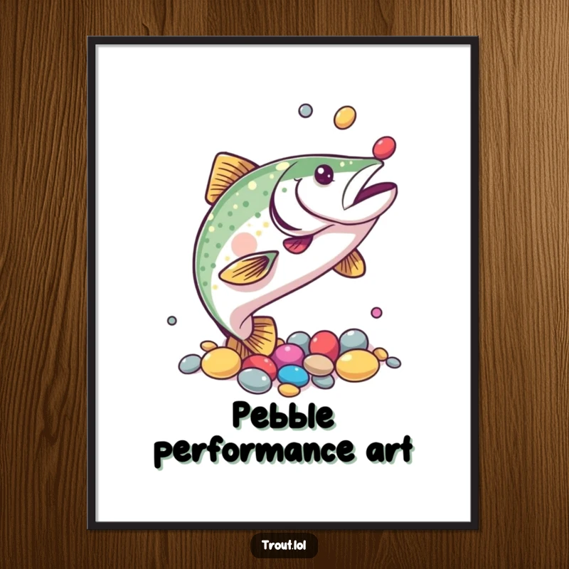 Funny poster art of a trout juggling colorful pebbles with its fins, highlighting its dexterity and entertaining nature.