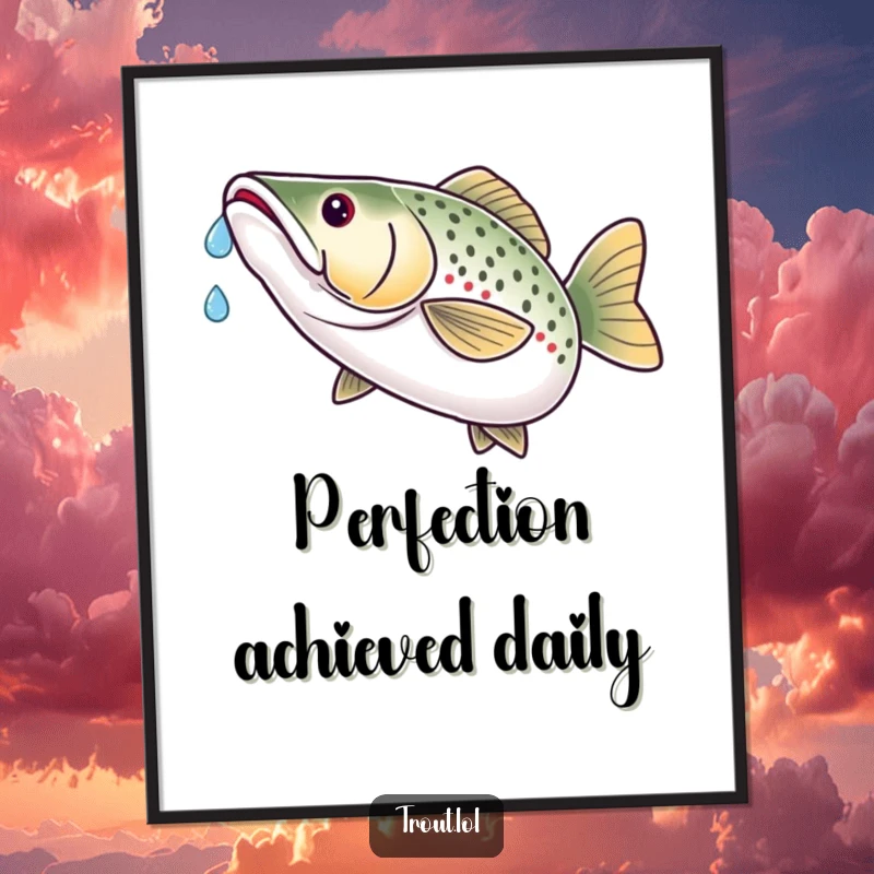 Funny poster art of a trout humorously catching a single water droplet on its nose with a look of smug satisfaction.