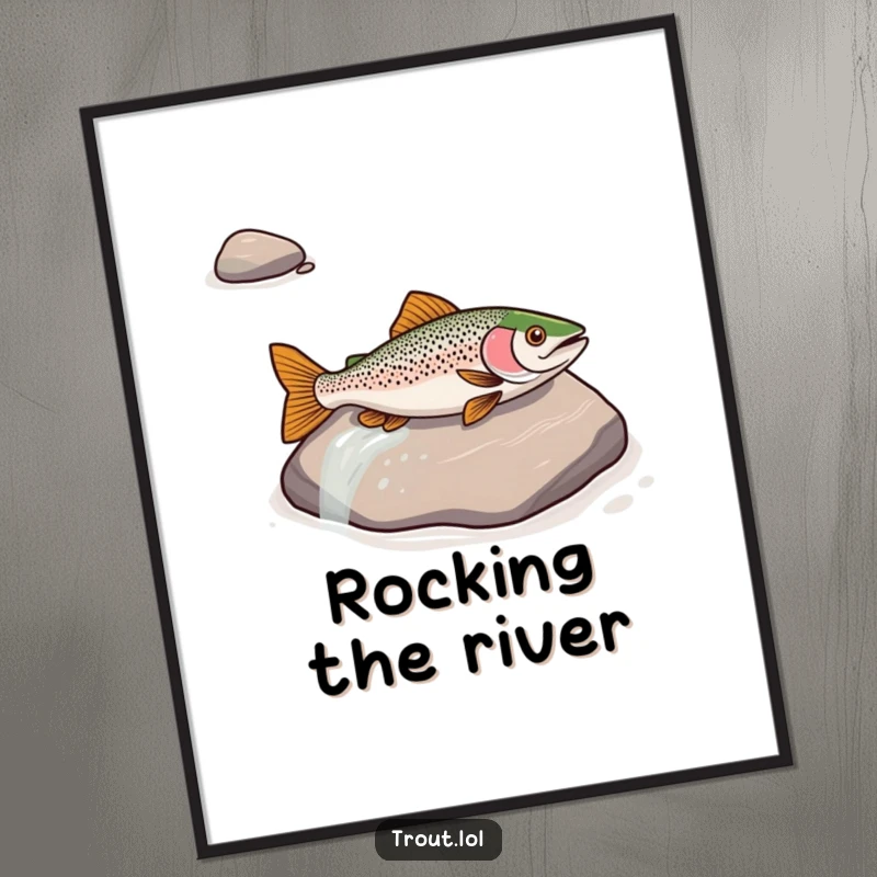 Funny poster of a trout sliding down a river rock, capturing a humorous aquatic moment for wall art.