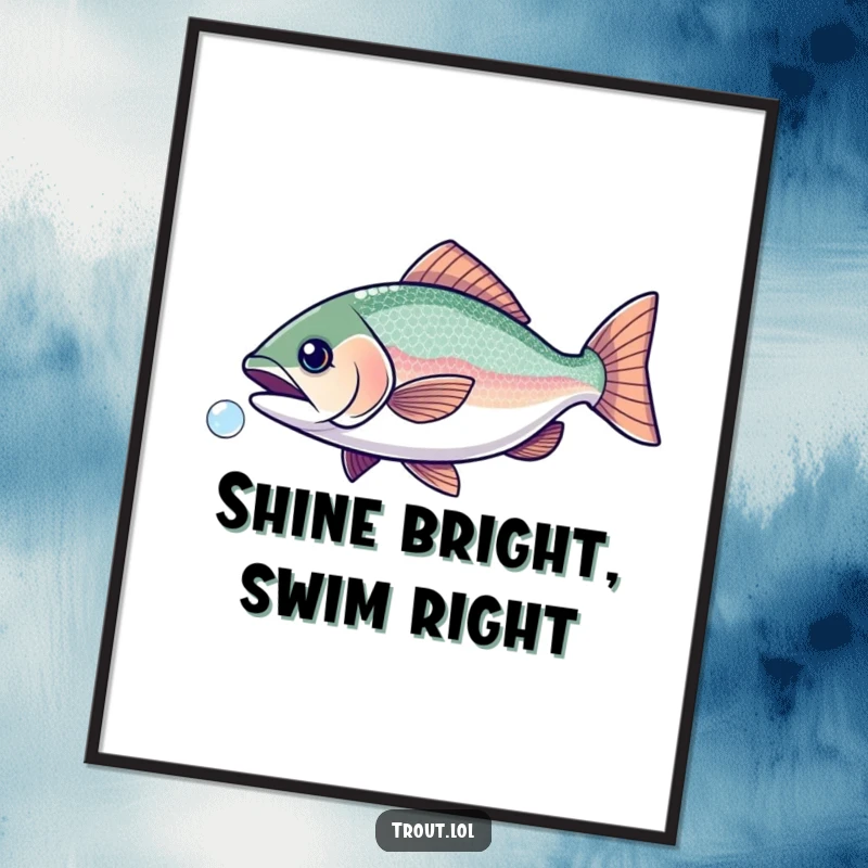 Funny poster featuring a trout with dazzling scales in playful pursuit of a small bubble, capturing a moment of joy.