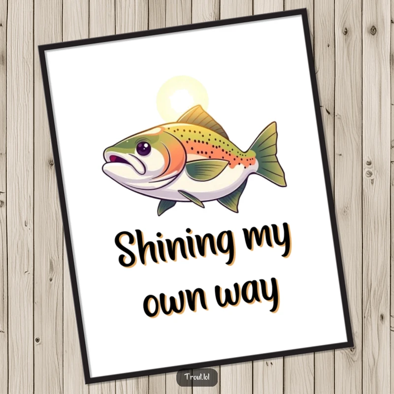 Funny Poster depicting a determined trout swimming towards a shining light, a powerful visual metaphor for hope and perseverance.
