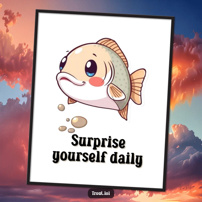 Funny poster art of a trout with wide, surprised eyes and an open mouth, reacting humorously to a shiny pebble rolling past, a depiction of pure shock.