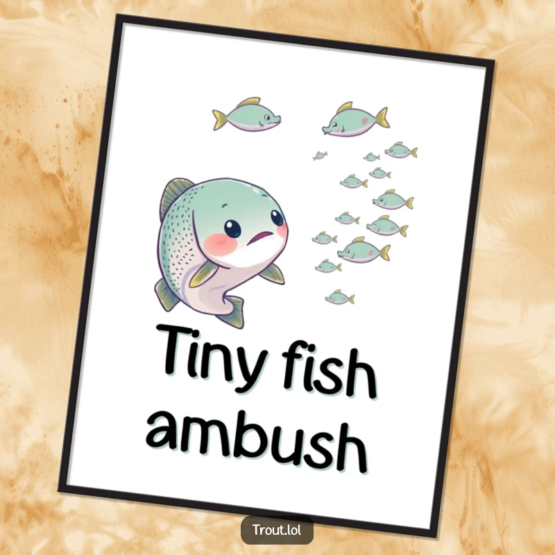 Funny poster art of a trout looking surprised by a school of tiny fish, capturing a moment of relatable, humorous shock.