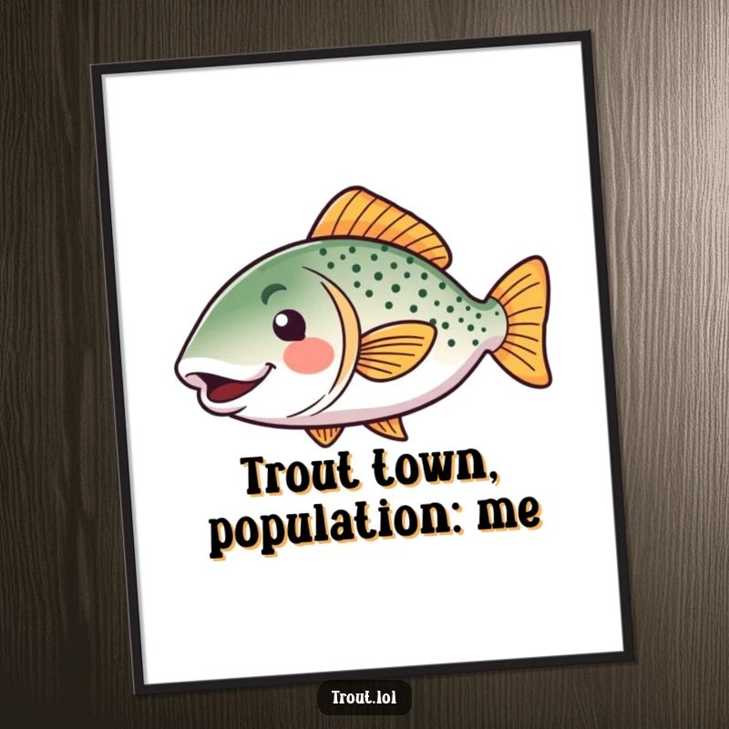 Funny kawaii trout poster print of a happy fish doing a tail wiggle, adding humor and charm to wall decor as a funny gift.