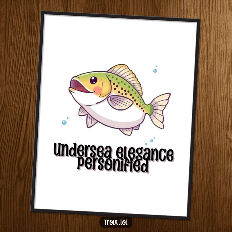 Funny poster capturing a trout's ecstatic twirl underwater, a whimsical piece of aquatic art bringing joy and humor to any wall space.
