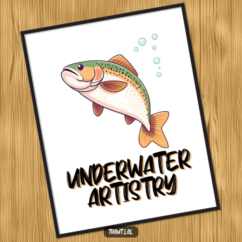 Funny poster capturing a trout’s elegant flip underwater, leaving a shimmering trail of bubbles in its wake.