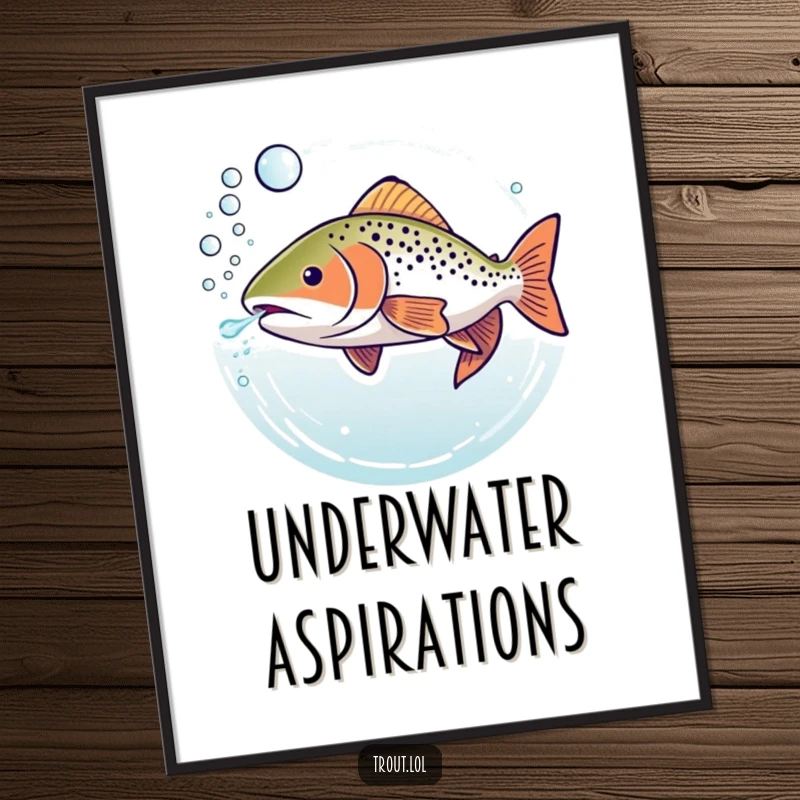 Funny poster art of a trout underwater, calmly blowing a continuous stream of perfectly formed, translucent bubbly rings.
