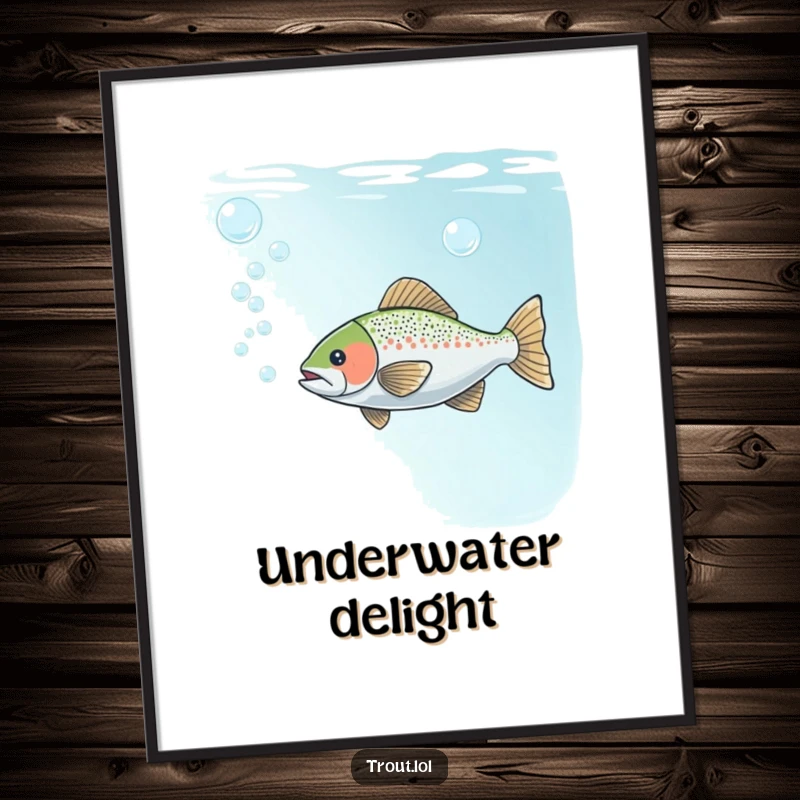 Funny poster showcasing a trout playfully blowing bubbles underwater, creating a whimsical and calming aquatic ambiance.