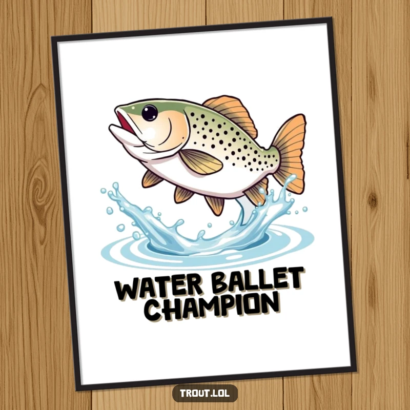 Funny Trout Poster: Eye-catching print of a trout exuberantly splashing water with its tail, capturing a moment of pure glee.