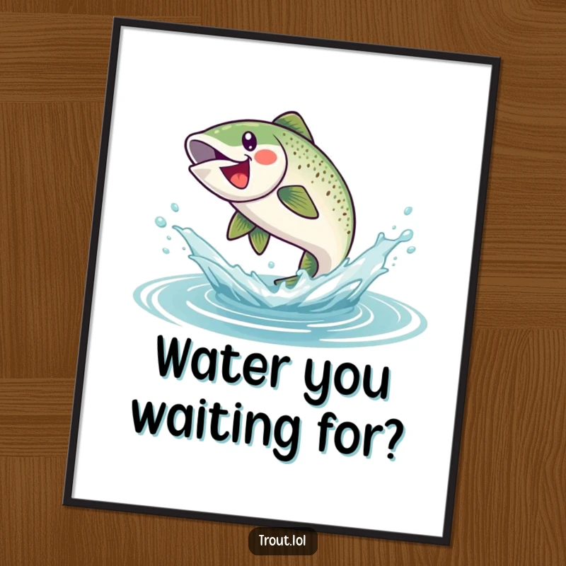 Funny poster illustrating a dynamic trout mid-leap, creating a dramatic water splash, celebrating aquatic action and happy moments.