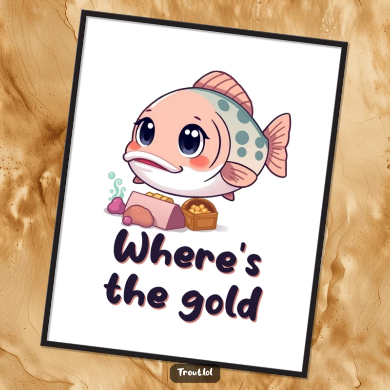 Funny poster depicting a kawaii trout with large, curious eyes, intently observing a glittering sunken treasure chest below the waves.
