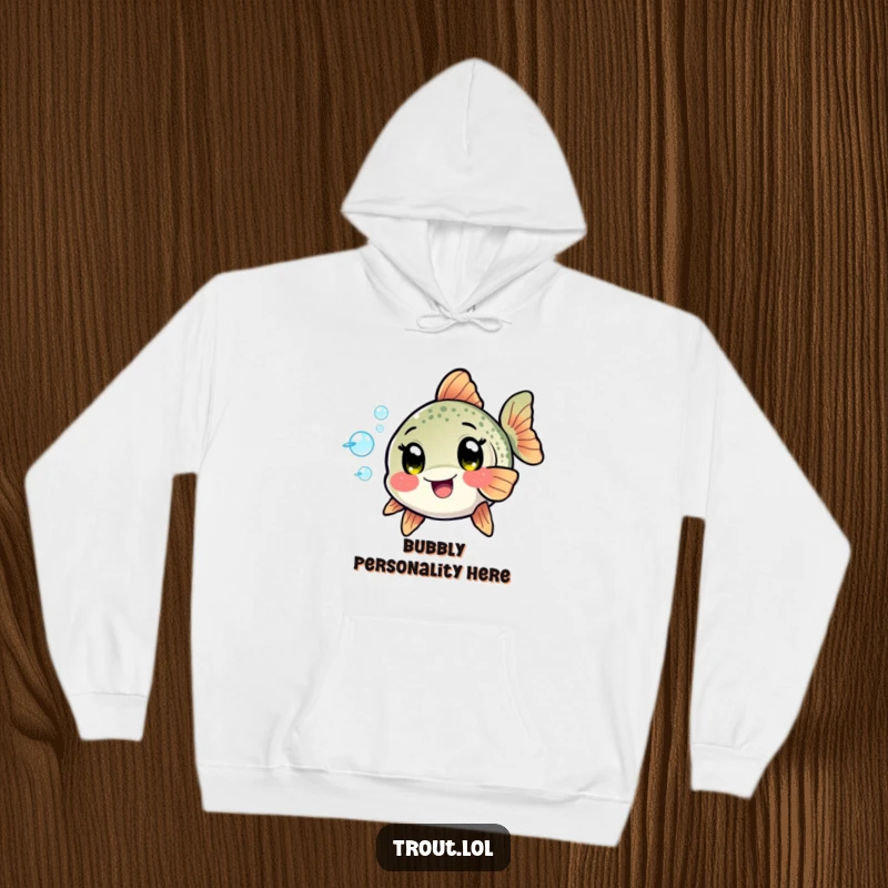Funny Kawaii Trout Hoodie: An excited trout playfully blows bubbles, bringing aquatic fun and cozy comfort in this adorable hoodie.
