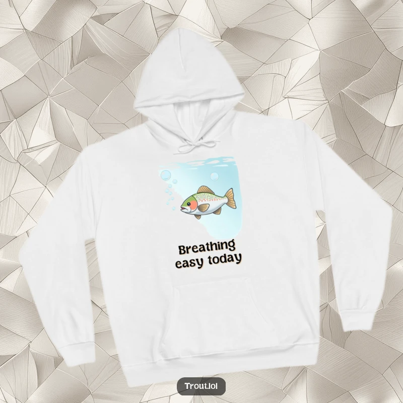 Funny hoodie depicting a trout playfully blowing bubbles underwater, creating a serene and amusing aquatic scene.