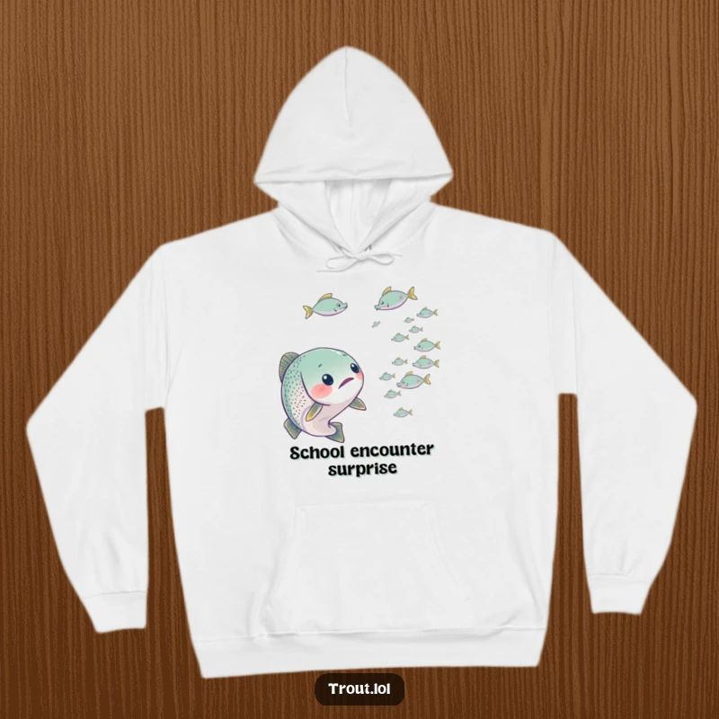 Funny hoodie featuring a trout looking genuinely surprised by a passing school of tiny fish, perfect for relatable moments.