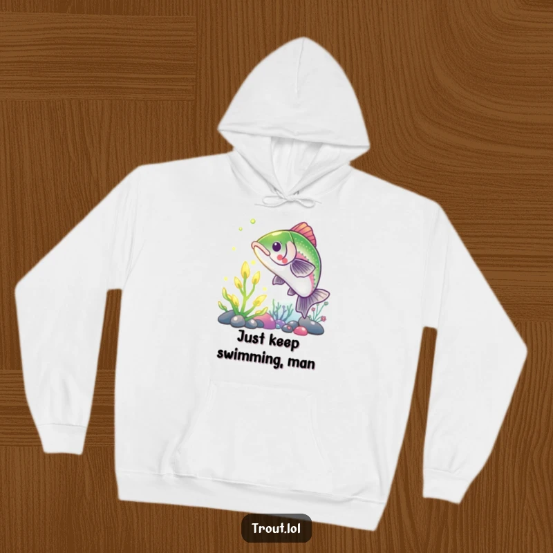 Funny Trout Hoodie: A cozy hooded sweatshirt showing a trout reaching for a vividly glowing underwater plant, a humorous nature scene.