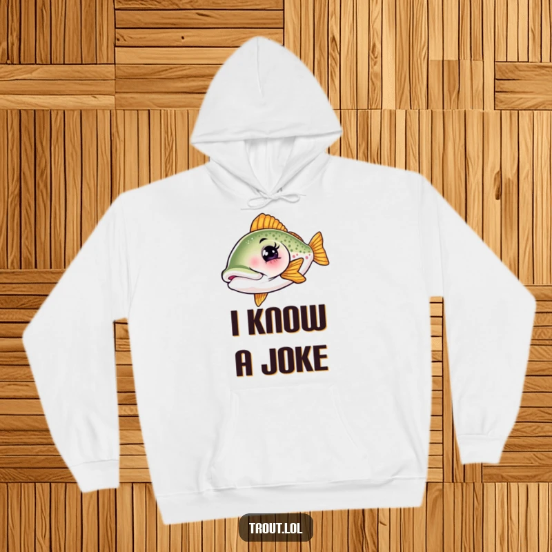 Funny hoodie showcasing a cozy, winking trout, perfect for chilly days and sharing a laugh, great for anyone who loves fishing.