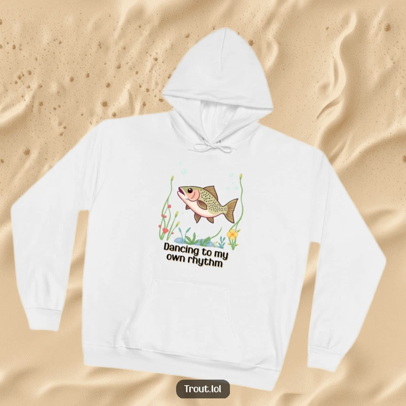 Funny hoodie featuring a trout dancing happily through underwater plants, combining warmth with delightful aquatic humor.
