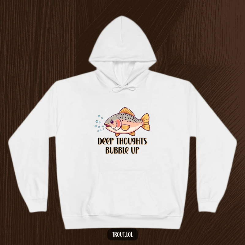 Funny hoodie showcasing a happy trout releasing a stream of small, delicate bubbles in a humorous and cozy design.