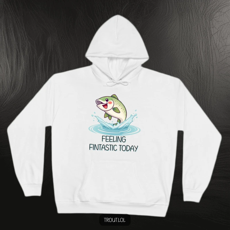 Funny hoodie depicting a happy trout leaping high out of a water splash, symbolizing boundless energy and a playful spirit.