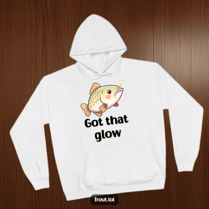 Funny Kawaii Trout Hoodie featuring a playful fish chasing a shimmering light, ideal for cozy humor.