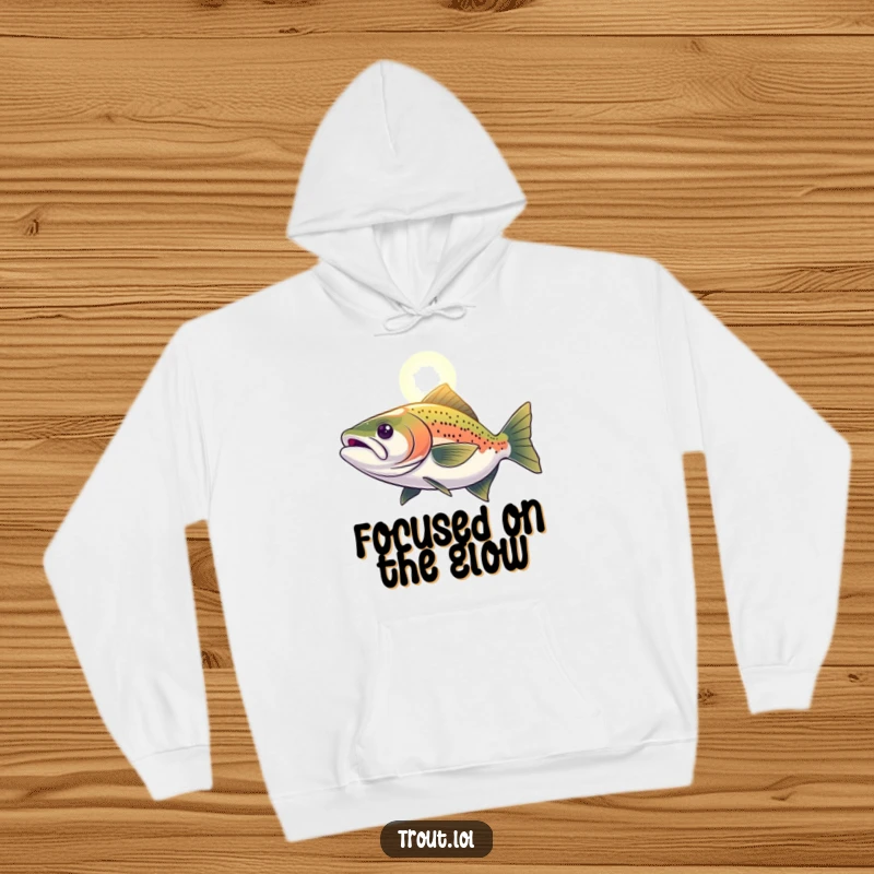 Funny Hoodie featuring a determined trout swimming purposefully towards a luminous light, symbolizing hope and resilience.