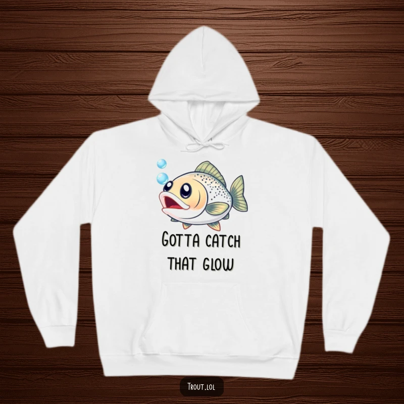Funny hoodie depicting an overjoyed trout with big eyes, enthusiastically chasing a shiny bubble in the water.