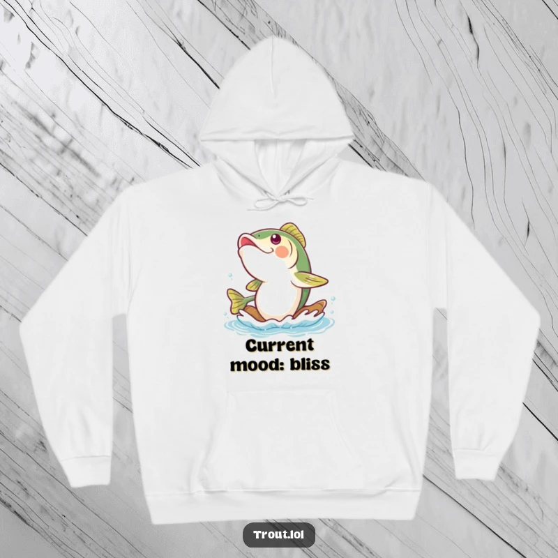 Funny trout hoodie showing a content trout emitting silent giggles as it glides effortlessly on a peaceful, flowing water current.