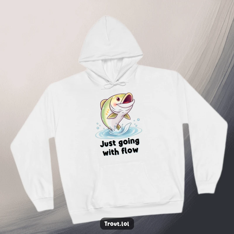 Funny hoodie with a grinning trout character leaping joyfully from the water, ideal for cozy fishing trips.