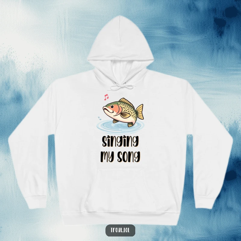 Funny hoodie featuring a trout humming a joyful tune, with musical notes flowing through the water, perfect for cozy listening.