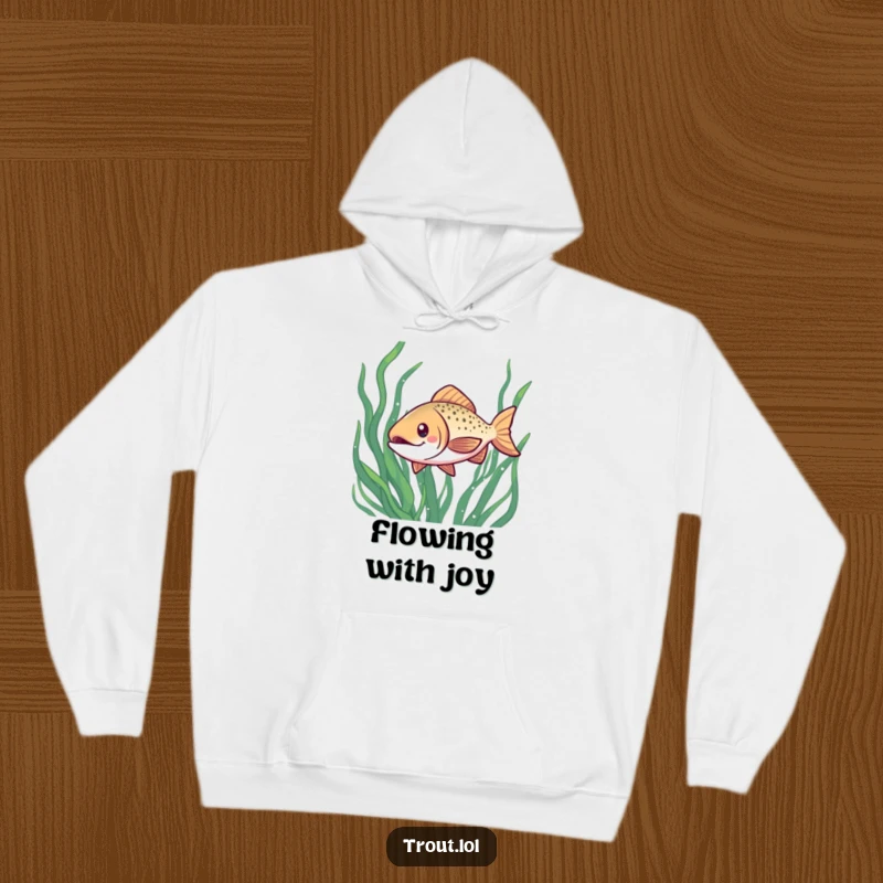 Funny hoodie featuring a smiling kawaii trout navigating through flowing seaweed, offering cozy comfort with an underwater theme.