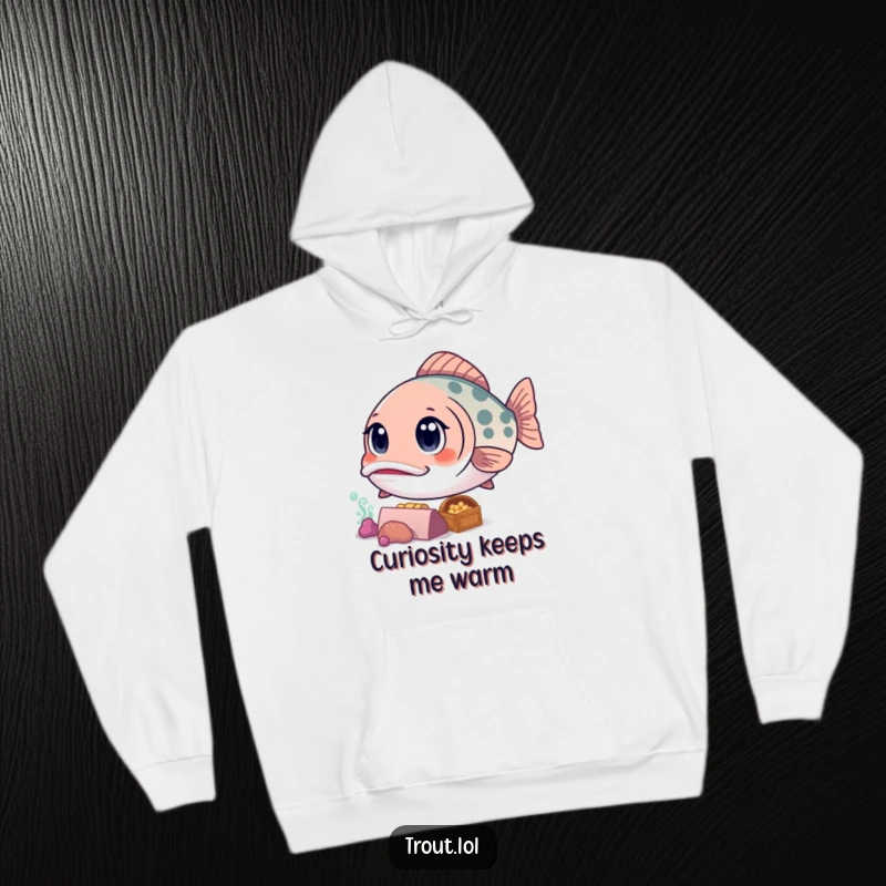 Funny hoodie featuring a curious kawaii trout gazing at sunken treasure, offering cozy comfort with an adventurous underwater theme.