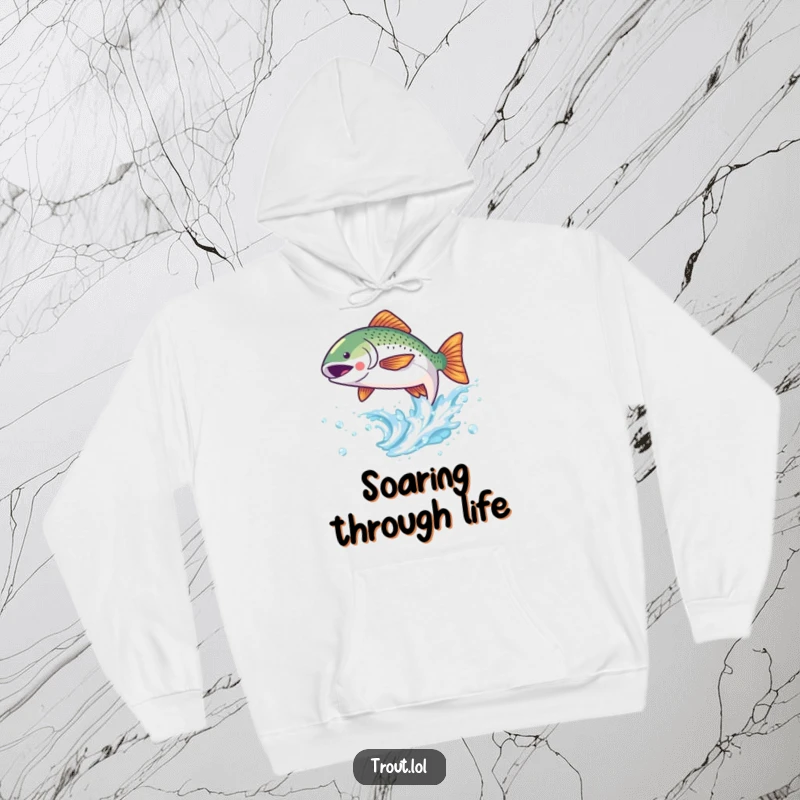 Funny hoodie featuring a cute kawaii trout leaping joyfully out of a sparkling wave, perfect for cozy comfort.