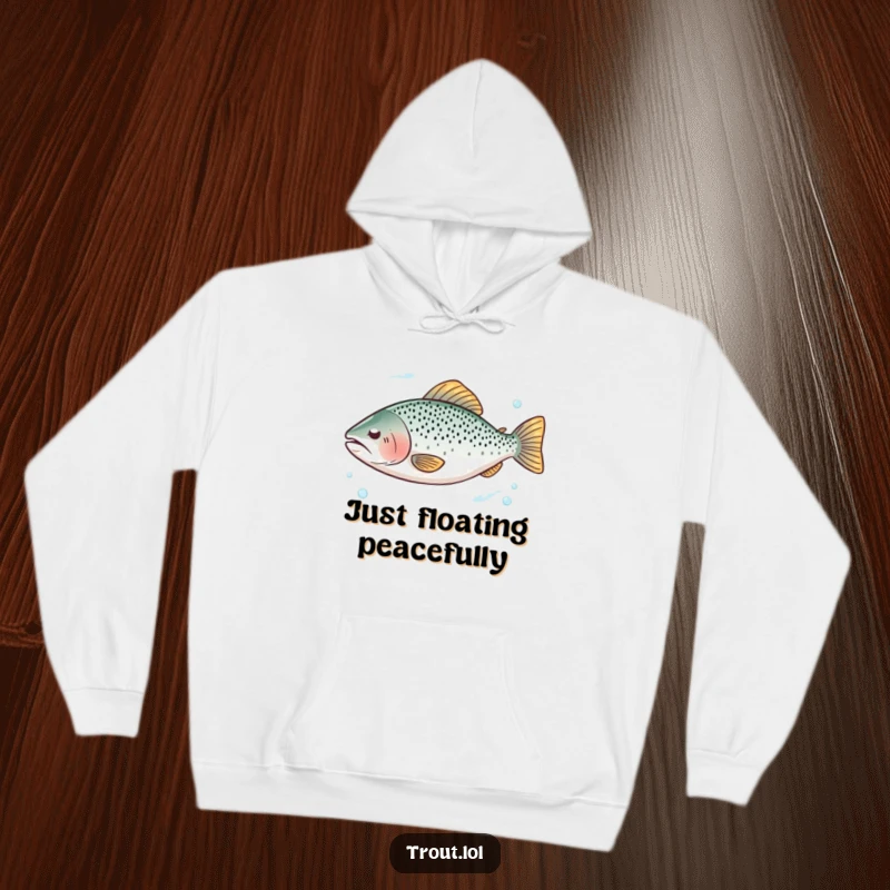 Funny hoodie with a trout resting peacefully with eyes closed in clear water, promoting serenity.