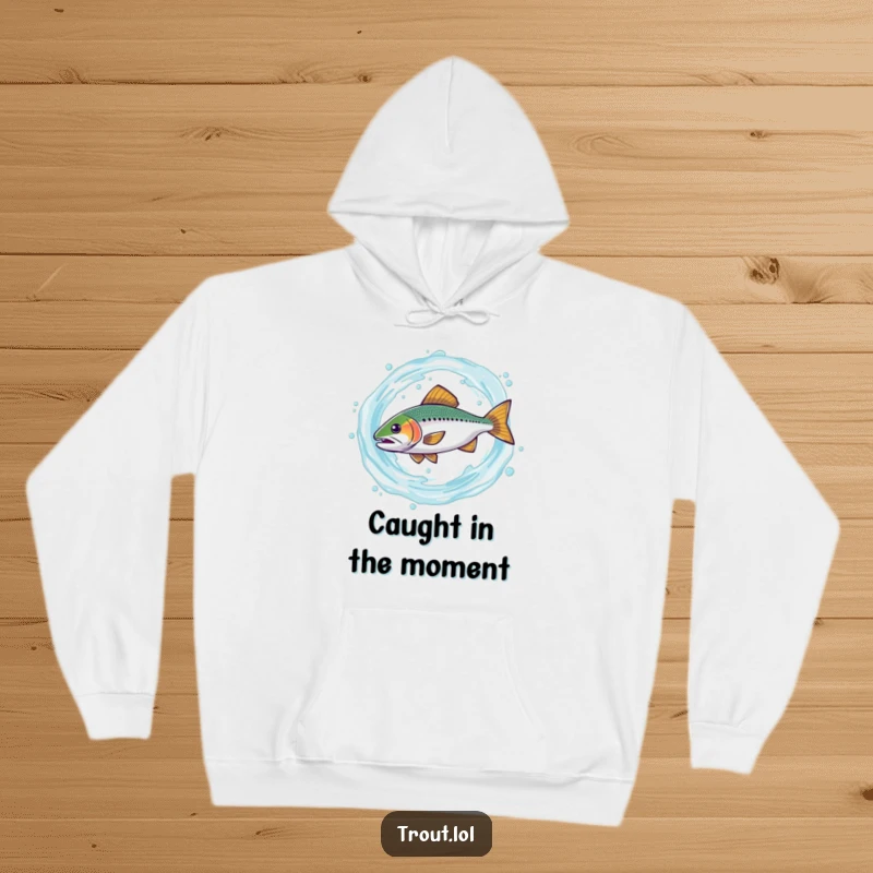 Funny hoodie depicting a trout caught in a comical, high-speed spin within a swirling vortex of water, a humorous and warm piece for any enthusiast.