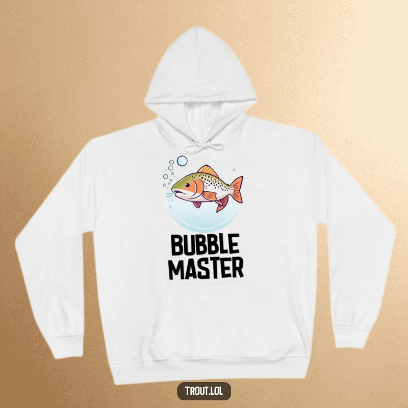 Funny hoodie featuring a serene trout underwater, effortlessly blowing a stream of bubbly rings, designed for cozy relaxation.