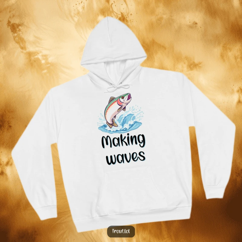 Funny hoodie with a happy trout leaping out of a sparkling ocean wave, showcasing a whimsical and energetic design.