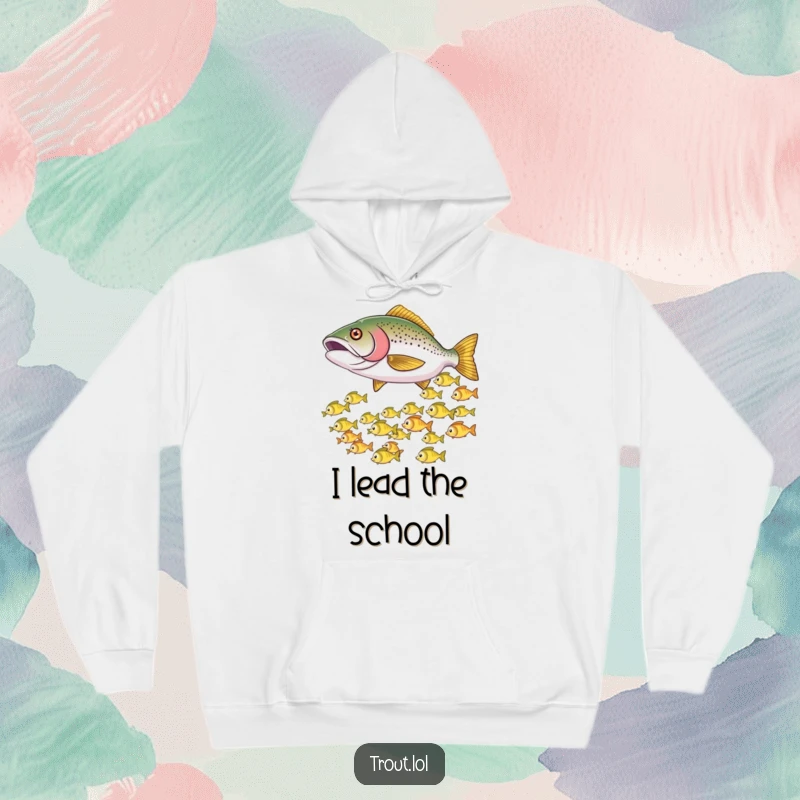 Funny hoodie featuring a playful trout nudging a school of smaller fish, causing them to dart in a lively underwater display.