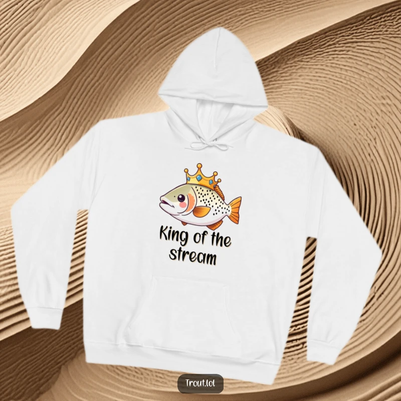 Funny Kawaii Trout Hoodie showing a crowned trout swimming majestically, ideal for cozy humor.