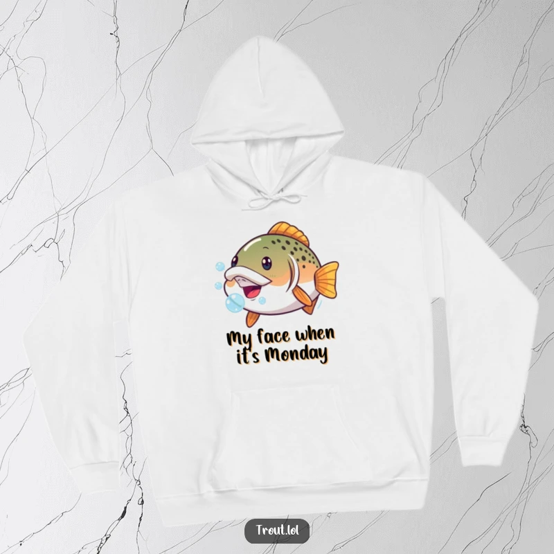 Funny hoodie featuring a trout with exaggerated features and bubbles, providing warmth and a dose of hilarious aquatic comedy.
