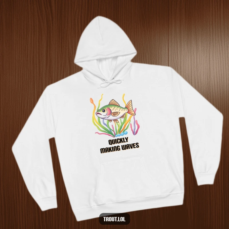 Funny hoodie featuring a trout darting through colorful seaweed, offering cozy comfort and a connection to aquatic adventures.