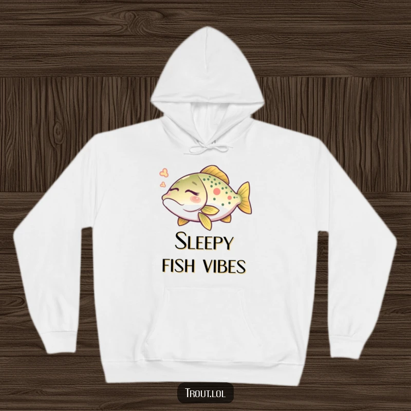 Funny trout dream hoodie featuring a peaceful trout with closed eyes dreaming gently, symbolizing relaxation.