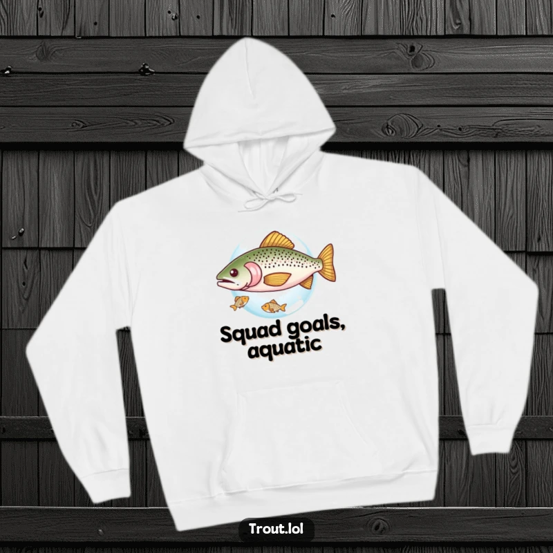 Funny hoodie showing a trout kindly sharing a small bubble with a smaller fish, a humorous and cozy illustration of friendship and generosity.