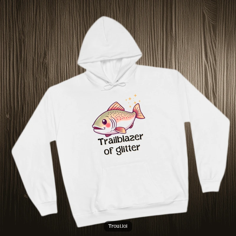 Funny hoodie featuring a trout in a happy swirl, leaving a trail of enchanting sparkles, perfect for cozying up with magic.